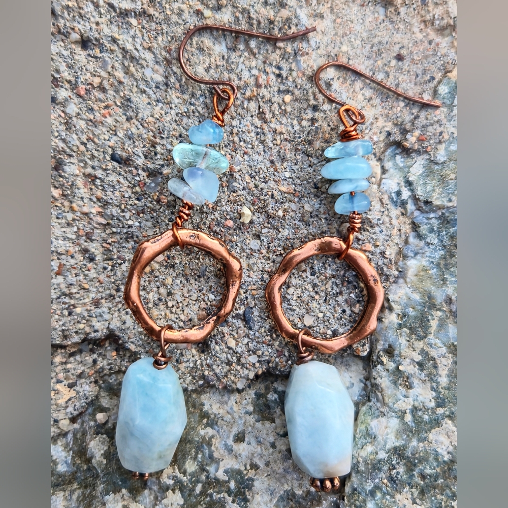 Tribal Elegant Genuine Aquamarine In Antiquated Rugged Copper Ethnic Earrings